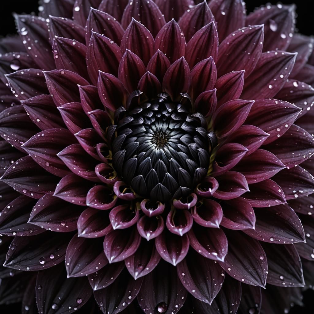 Macro Photo of a Black Dahlia with Dew Droplets