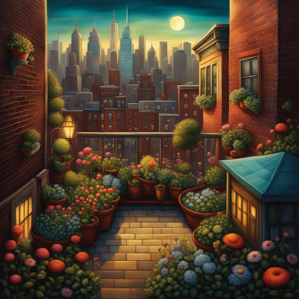 Rooftop Garden Oasis in Manhattan, Digital Painting