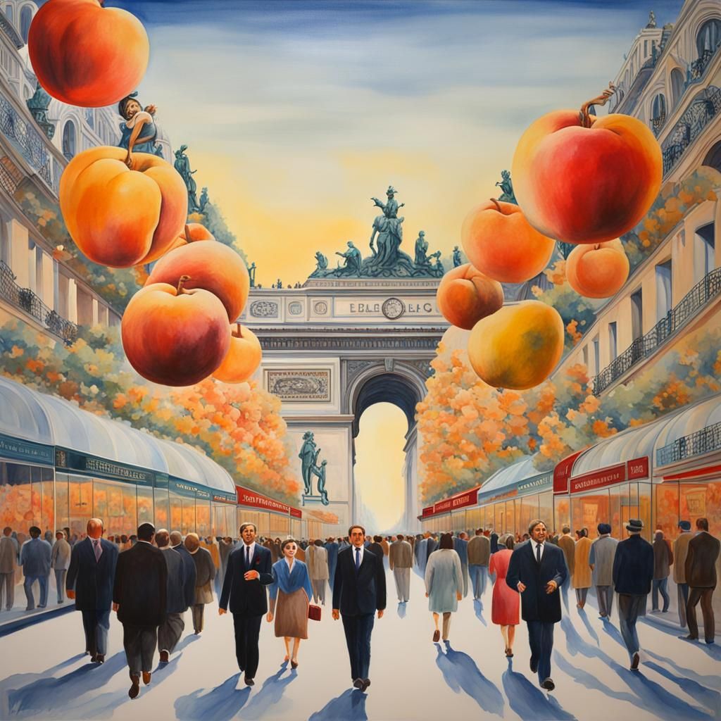 Surreal Hearts Walk Among Giant Fruit in Gouache Style