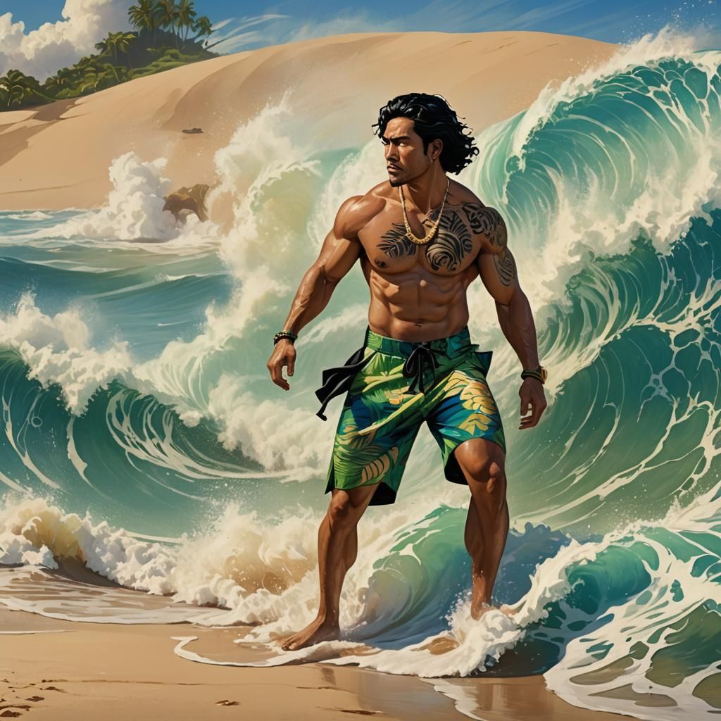 Polynesian Hero Stands Against Crashing Wave
