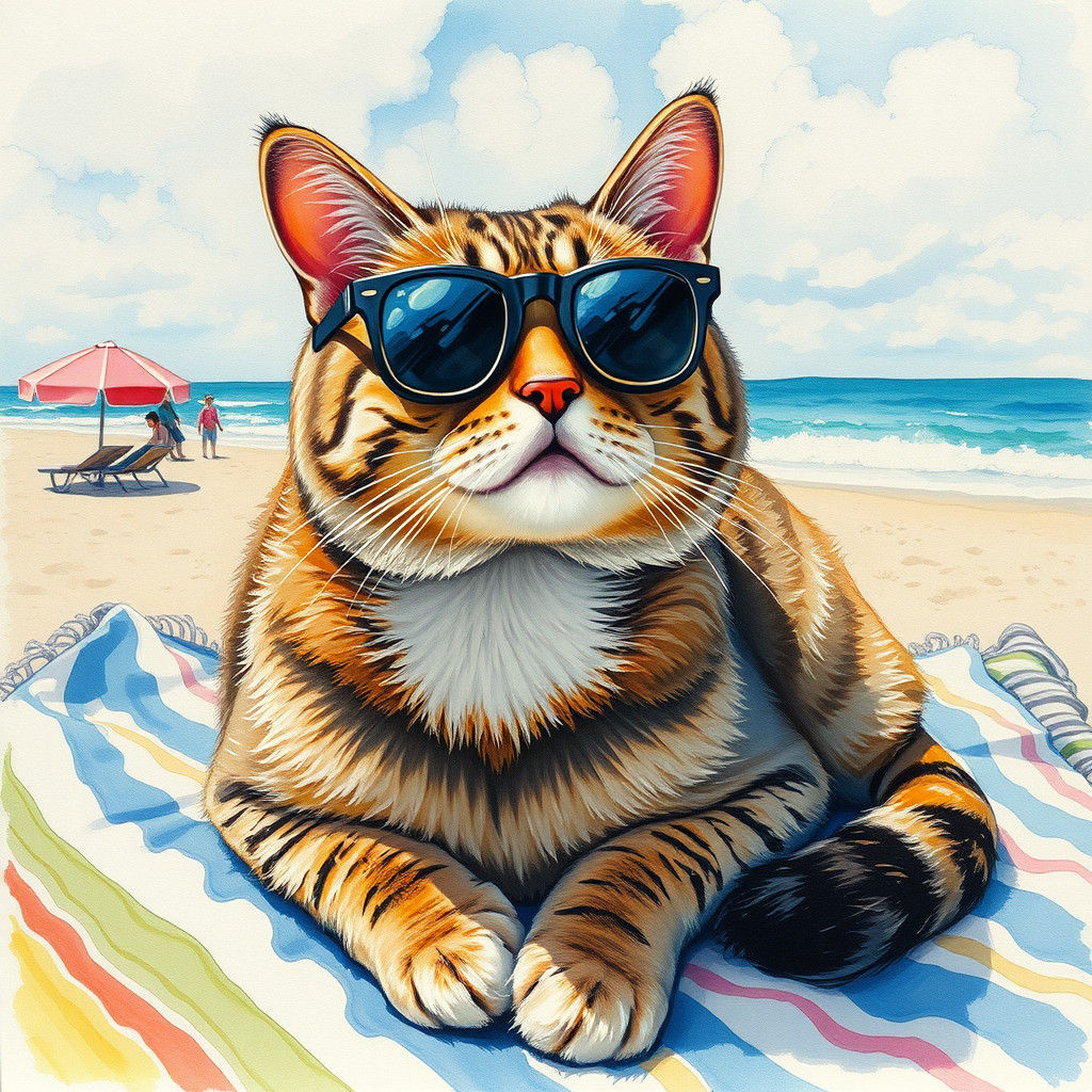 Vibrant Tropical Cat in Seaside Paradise, in Watercolour Sty...