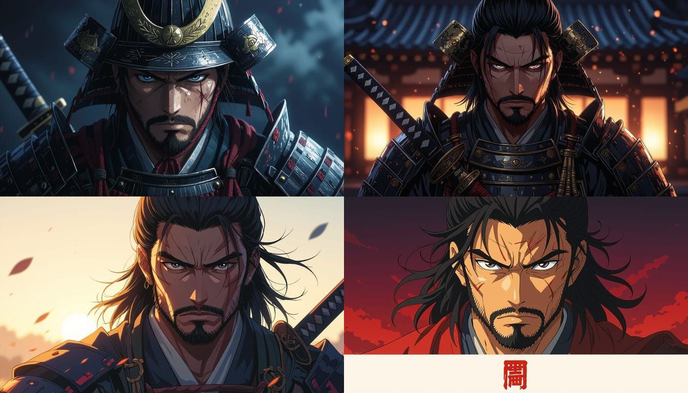 Realistic Anime Samurai Portrait with Intense Gaze