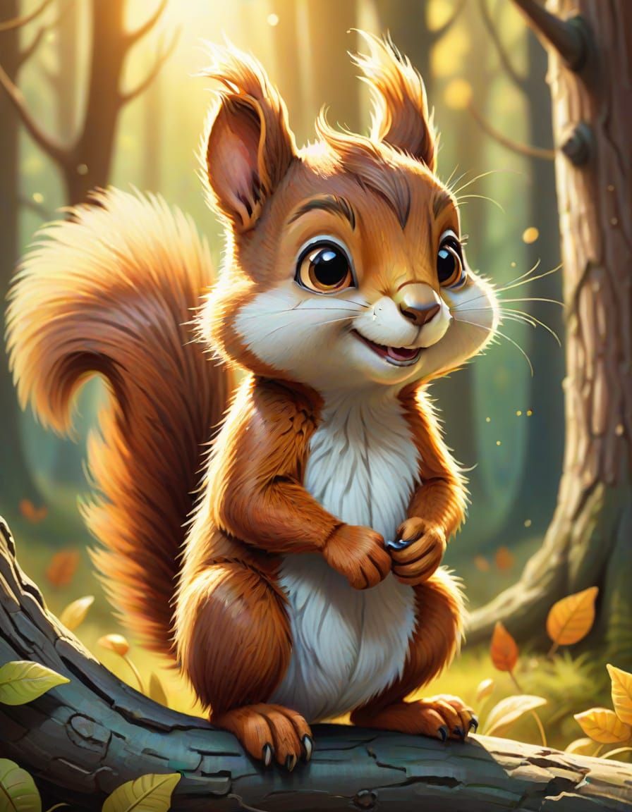 Cute Squirrel Snickering in Sunlit Forest, Cartoon Illustrat...