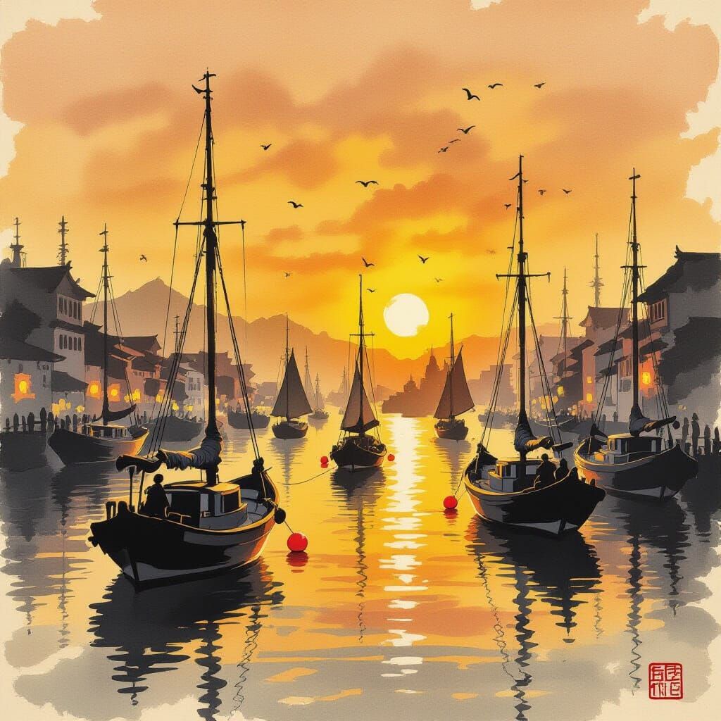 Sumi-e Harbour Scene at Dusk