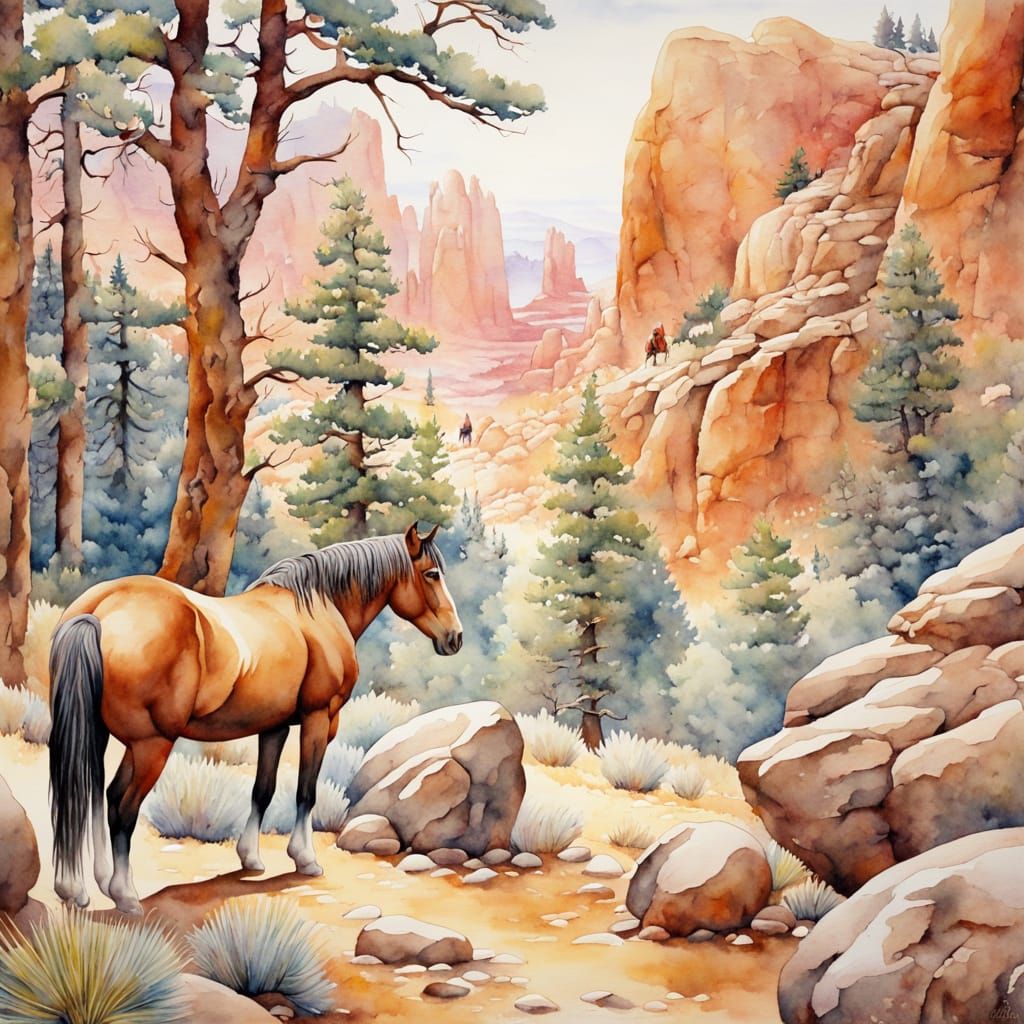 Native American Spirit in Hidden Western Wilderness Watercol...