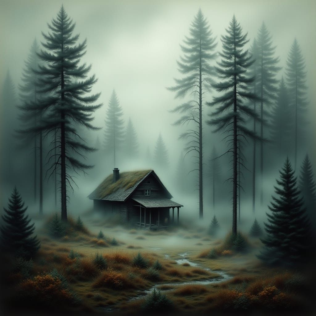 Misty Cabin in Antique Watercolor Landscape