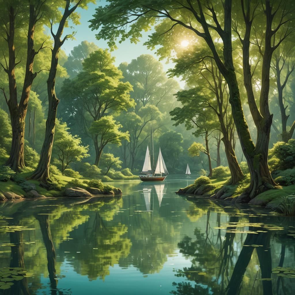 Tranquil Lake Surrounded by a Serene Green Park