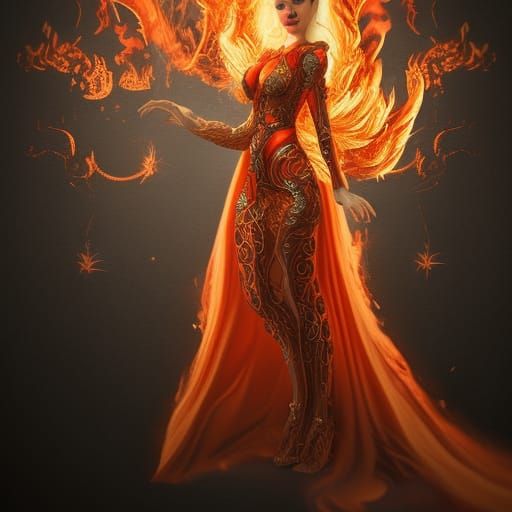 Woman's Fiery Dress: Intricate Fantasy Art