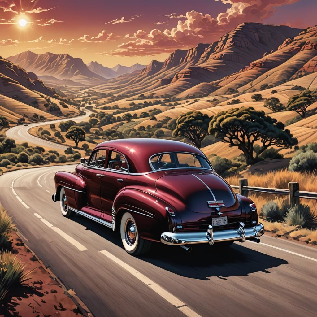 Classic Car on South African Road in Comic Book Art