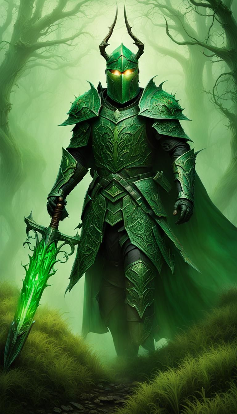Terrifying Green Knight Emerges from Misty Moors