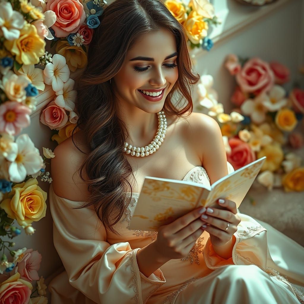 Luxurious Italian Woman in Vibrant Floral Setting with Golde...