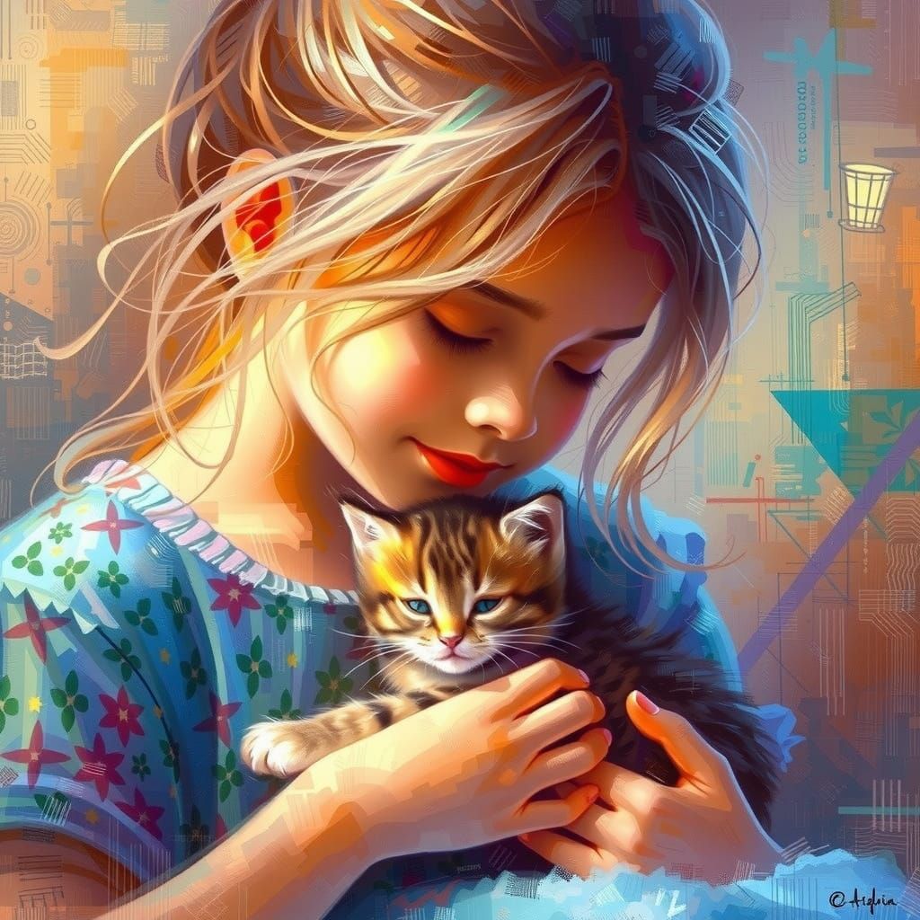 Girl Gently Cradling Kitten in Cozy Digital Art