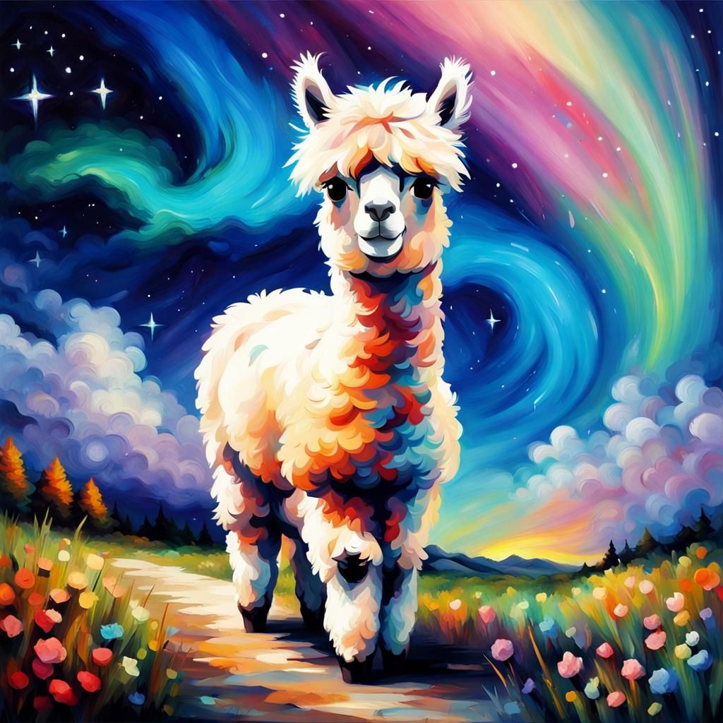 Adorable Alpaca Under Astral Aurora, Afremov Style