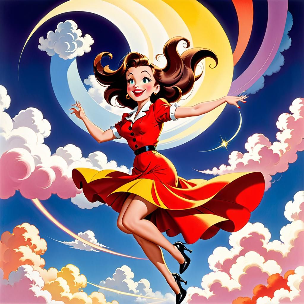 Whimsical Lady Falling into Clouds in Cartoon Style