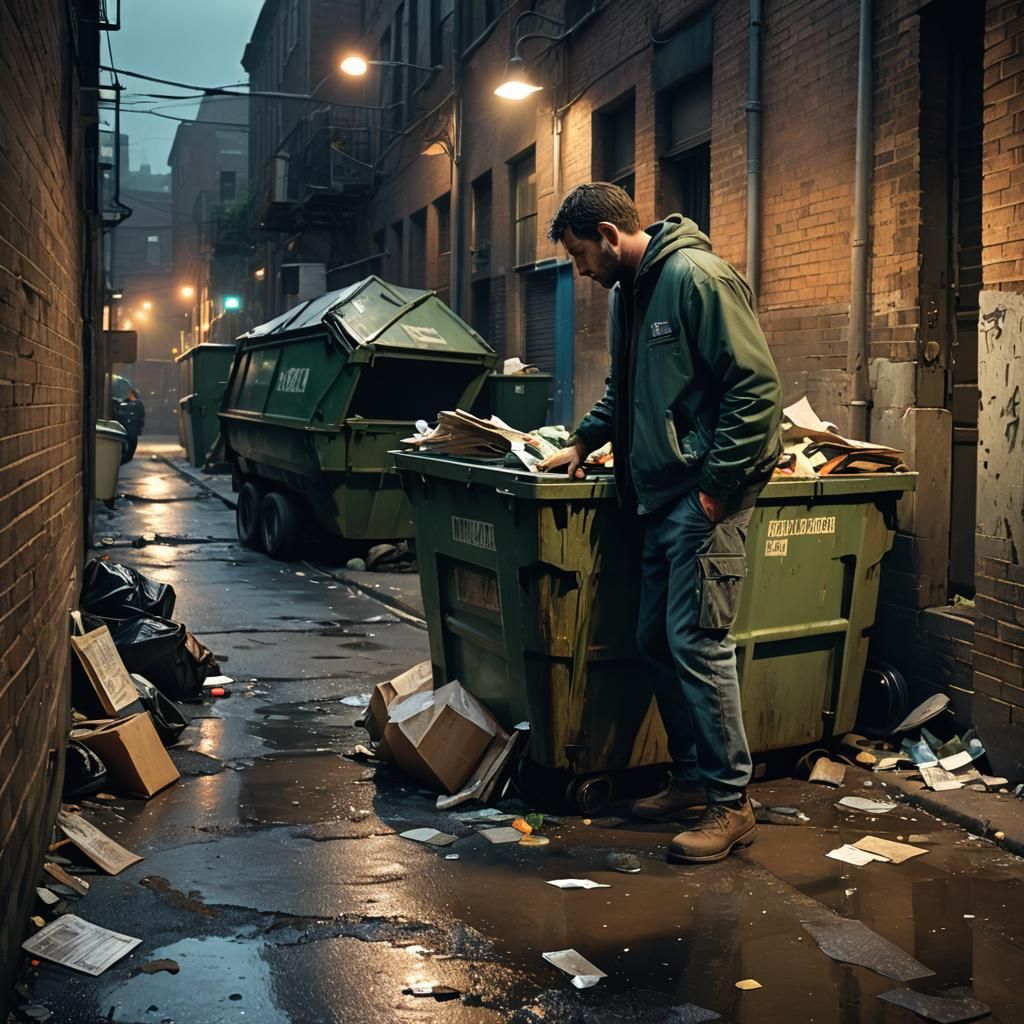 Photorealistic Man Dumpster Diving in Gritty Alleyway
