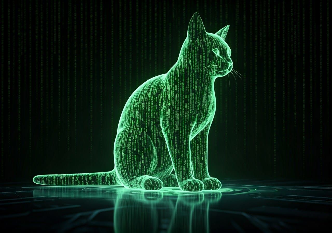 Digital Cat in Neon Matrix Hologram Style