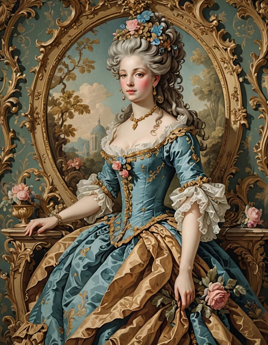 Rococo Style Woman on Decorative Wallpaper