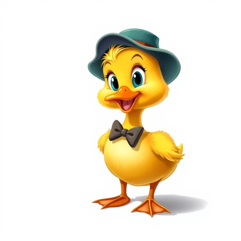 Cheerful Cartoon Baby Duck with Hat and Bowtie