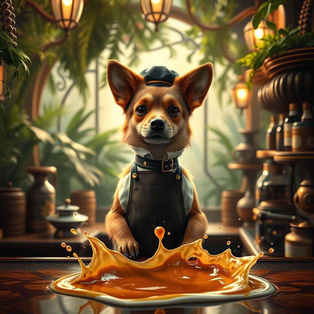 Surreal Canine Coffee Connoisseur in Steampunk Barista Scene