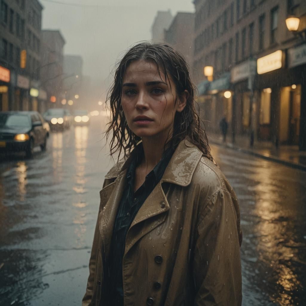 Rainy Street Scene in Cinematic Film Style