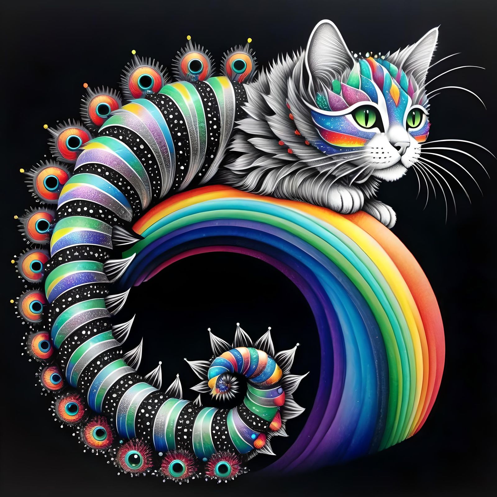 Punk rock caterpillar cat with spikes Black ink stipple texture Fractals Caterpillar cat ink drawing pencil sketch art n...