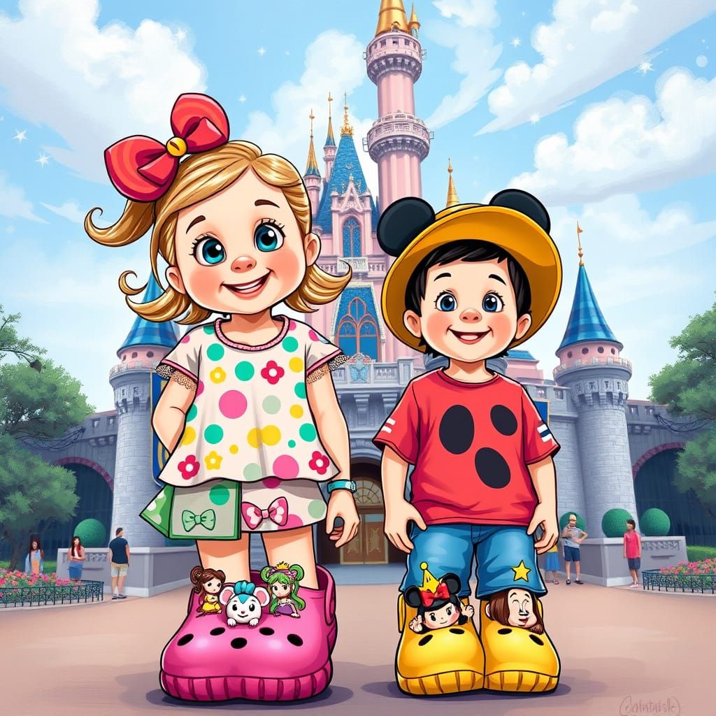 Colorful Kids Stand Before Disneyland Castle Wearing Crocs F...