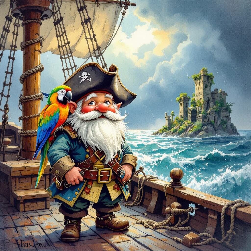 Gouache painting. A whimsical gnome pirate captain, with a w...
