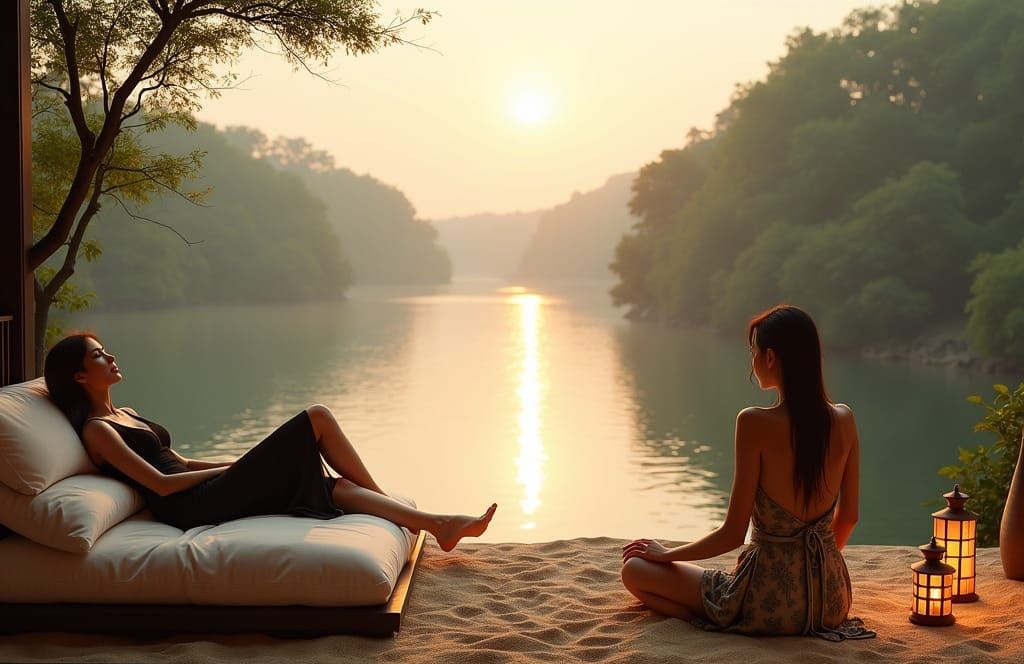 Serene Garden Scene with Chinese Ambiance in Golden Hour