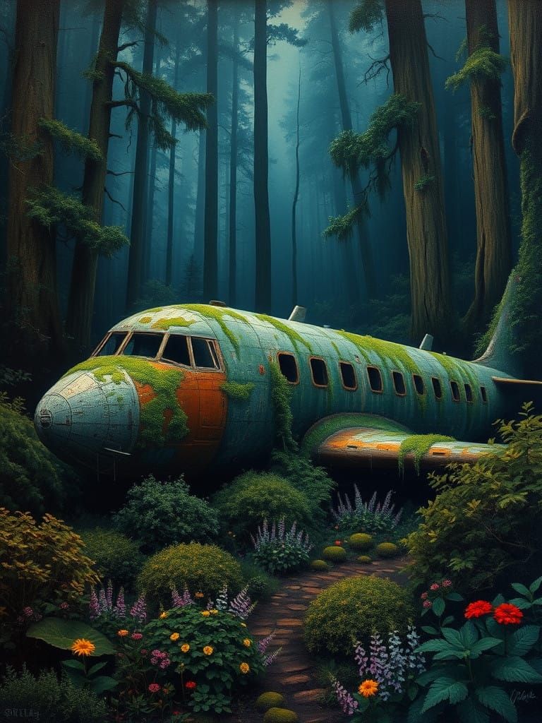 Mysterious Plane Crash in a Dark Forest Landscape