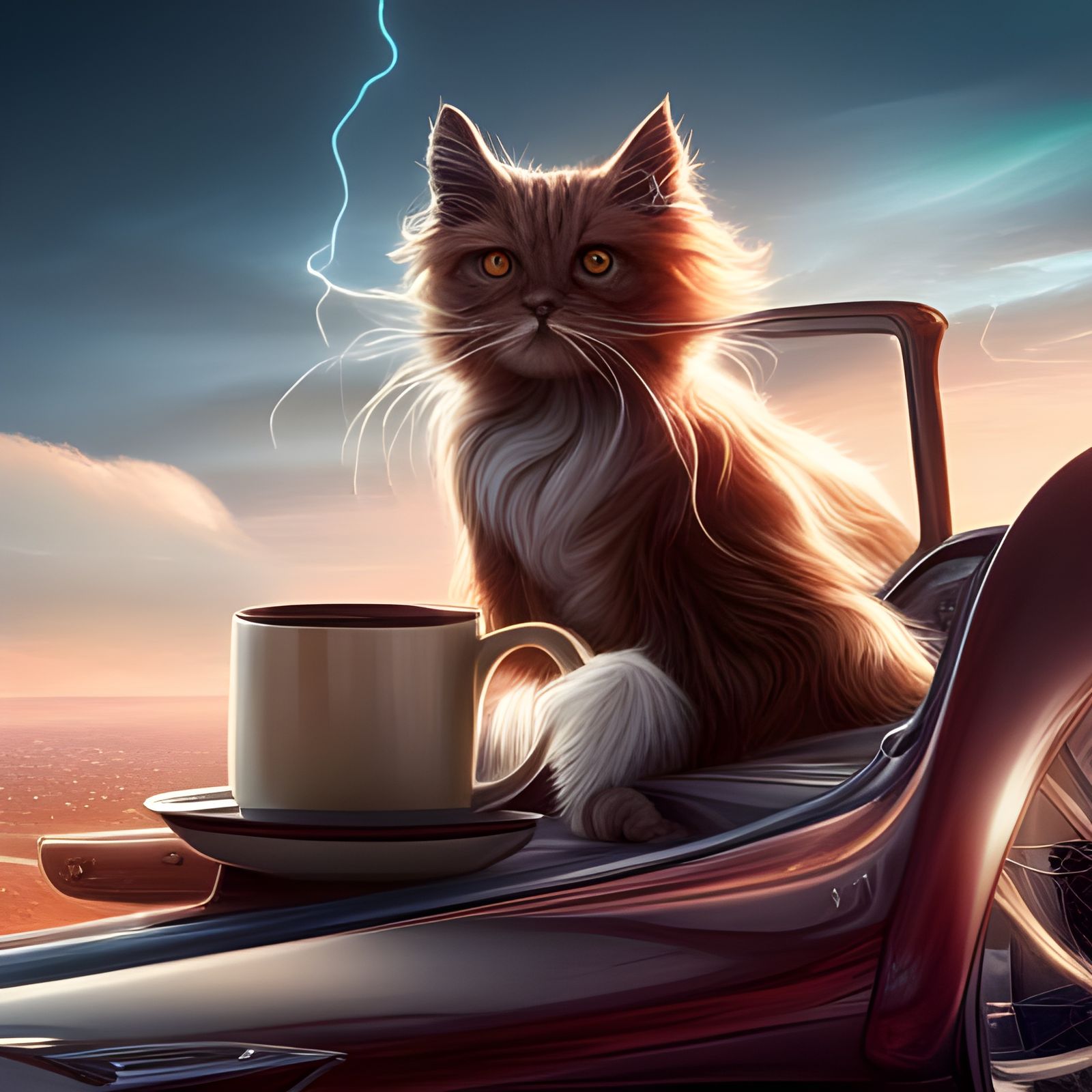 Cat with Coffee in Car: Detailed Matte Painting