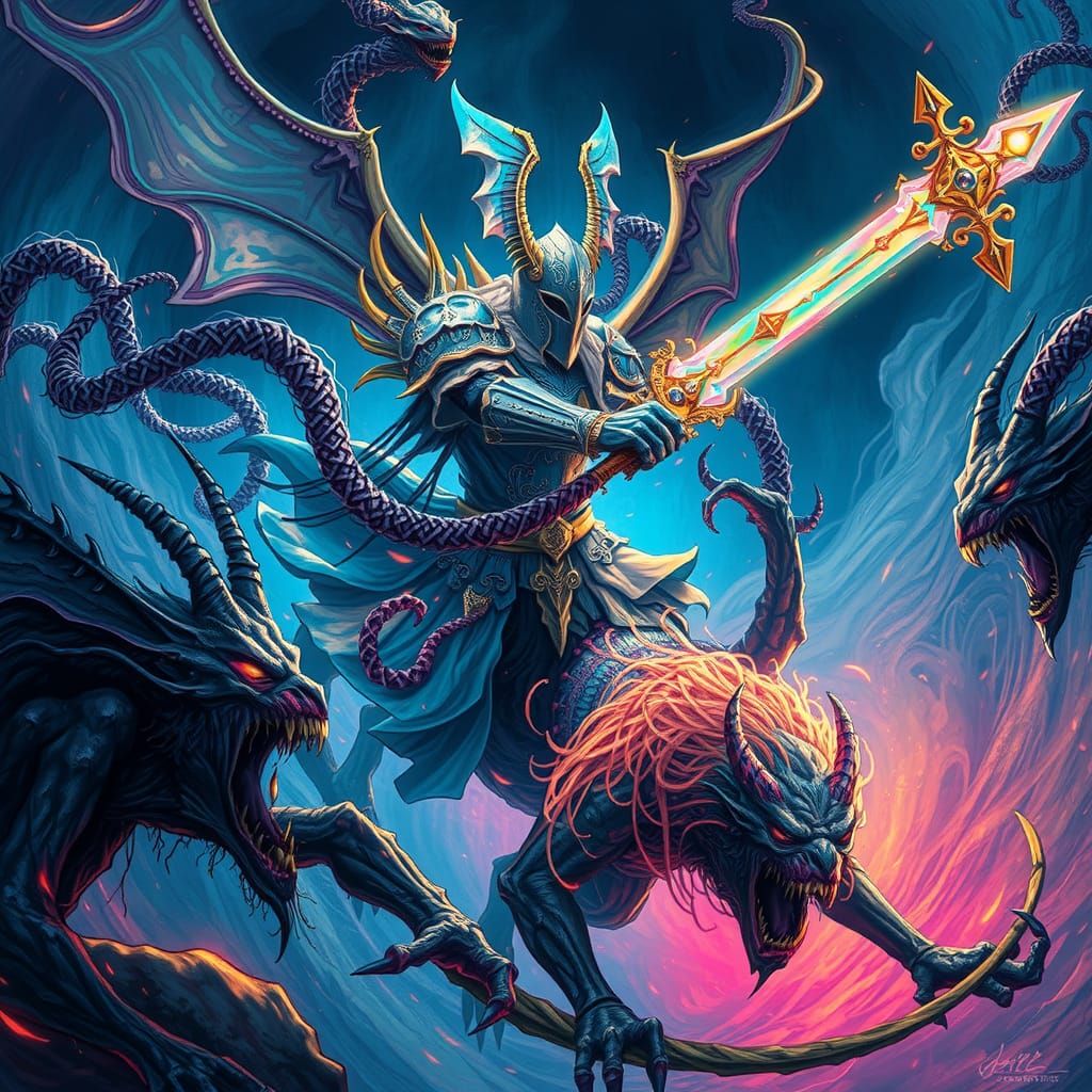 Spectral Knight Battles Demons in Dreamlike Realm