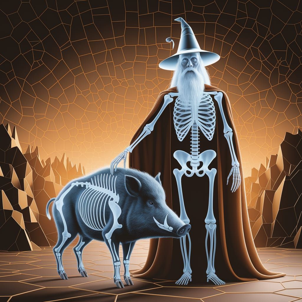Surreal X-Ray Gandalf and Wild Boar in Cubist Landscape