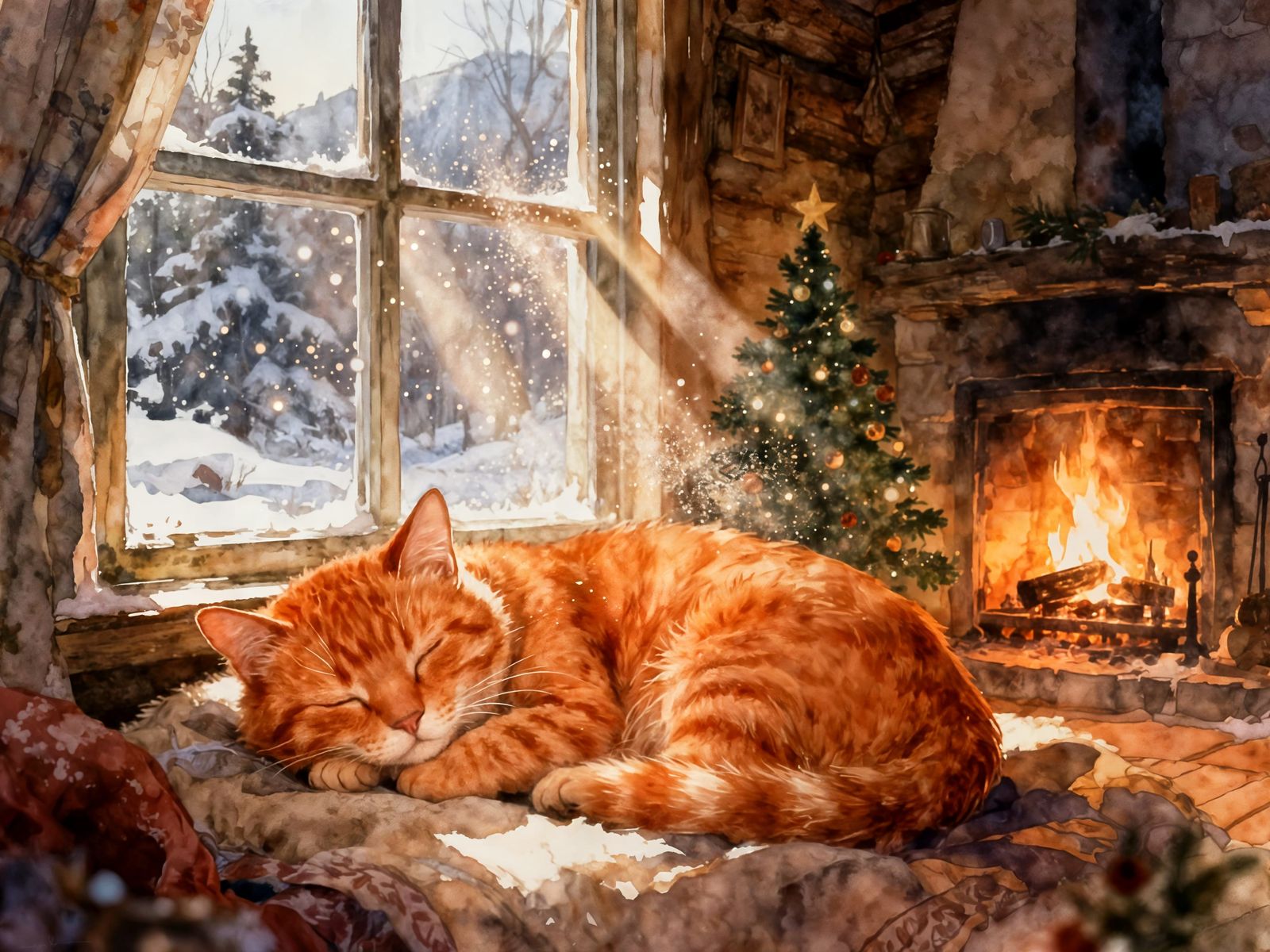 Cozy Cottage Cat Sleeping in Winter Sunbeams
