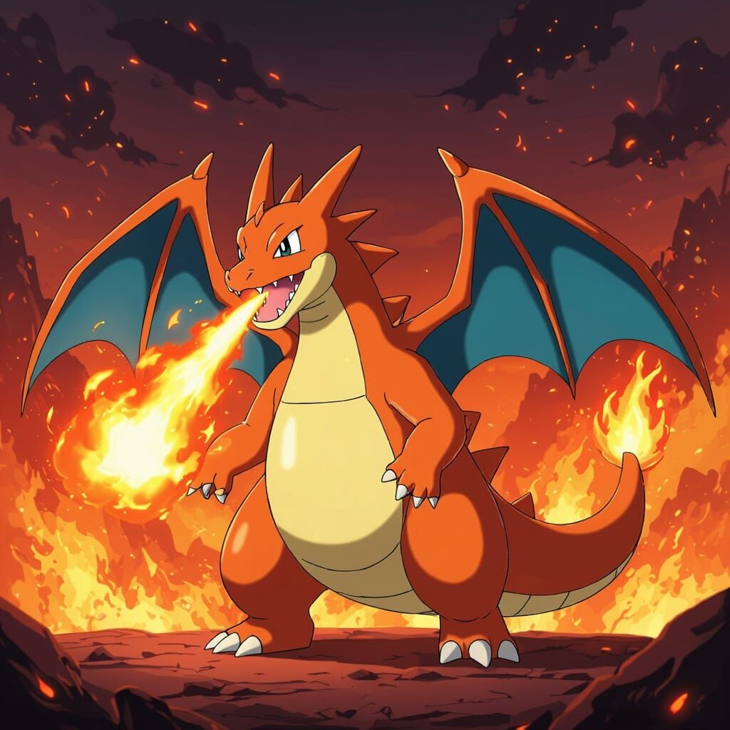 Anime Charizard Breathing Fire in Dynamic Inferno