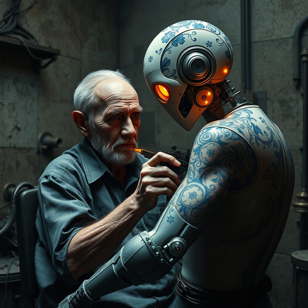 Cyberpunk Elderly Man Receives Traditional Tattoos from Porc...