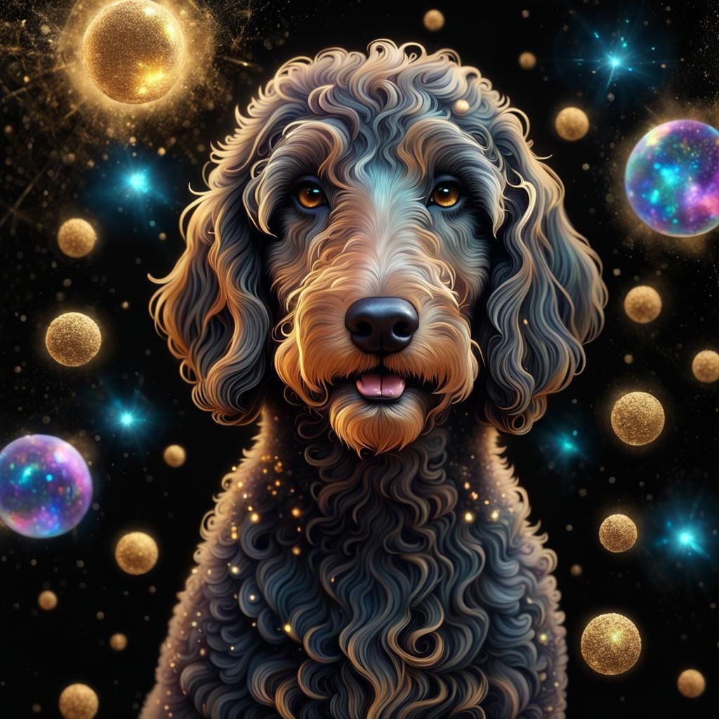 Black Goldendoodle with Golden Dust, Astral Illustration