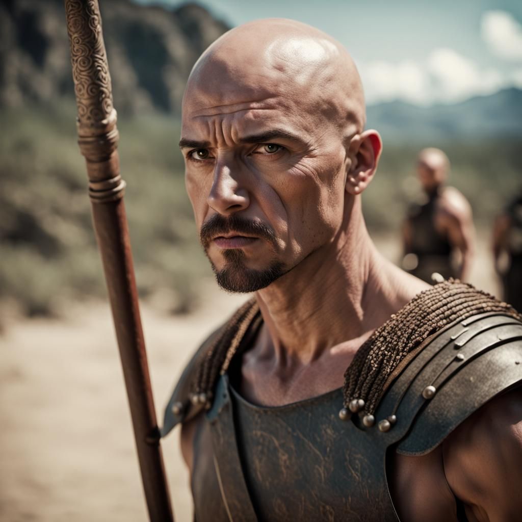 Dramatic Film Still of Bald Warrior with Spear