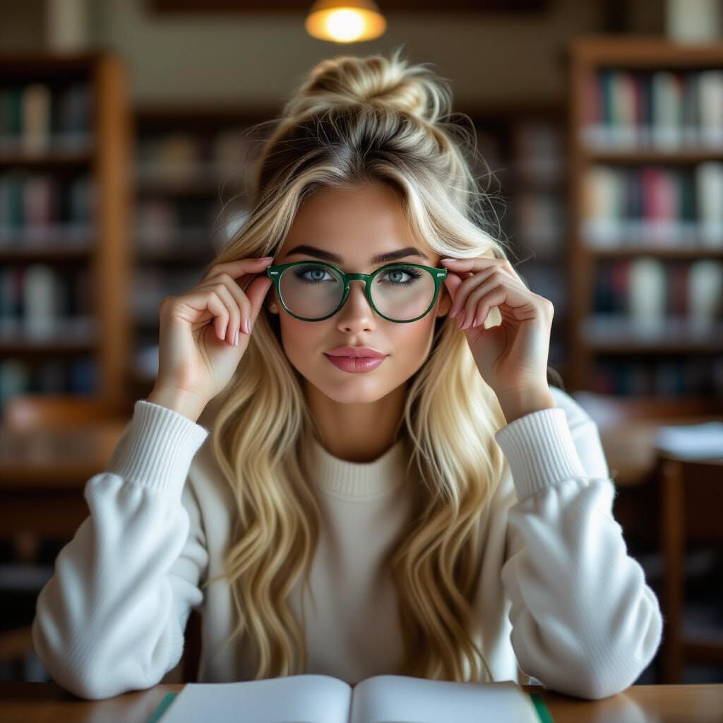 Blonde Student with Green Glasses in Library