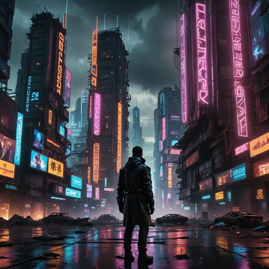 Cyberpunk Hacker in Dystopian Neon Cityscape