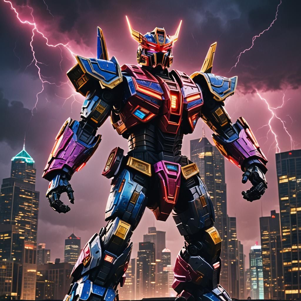 Megazord Victory Over Cityscape in Comic Book Style