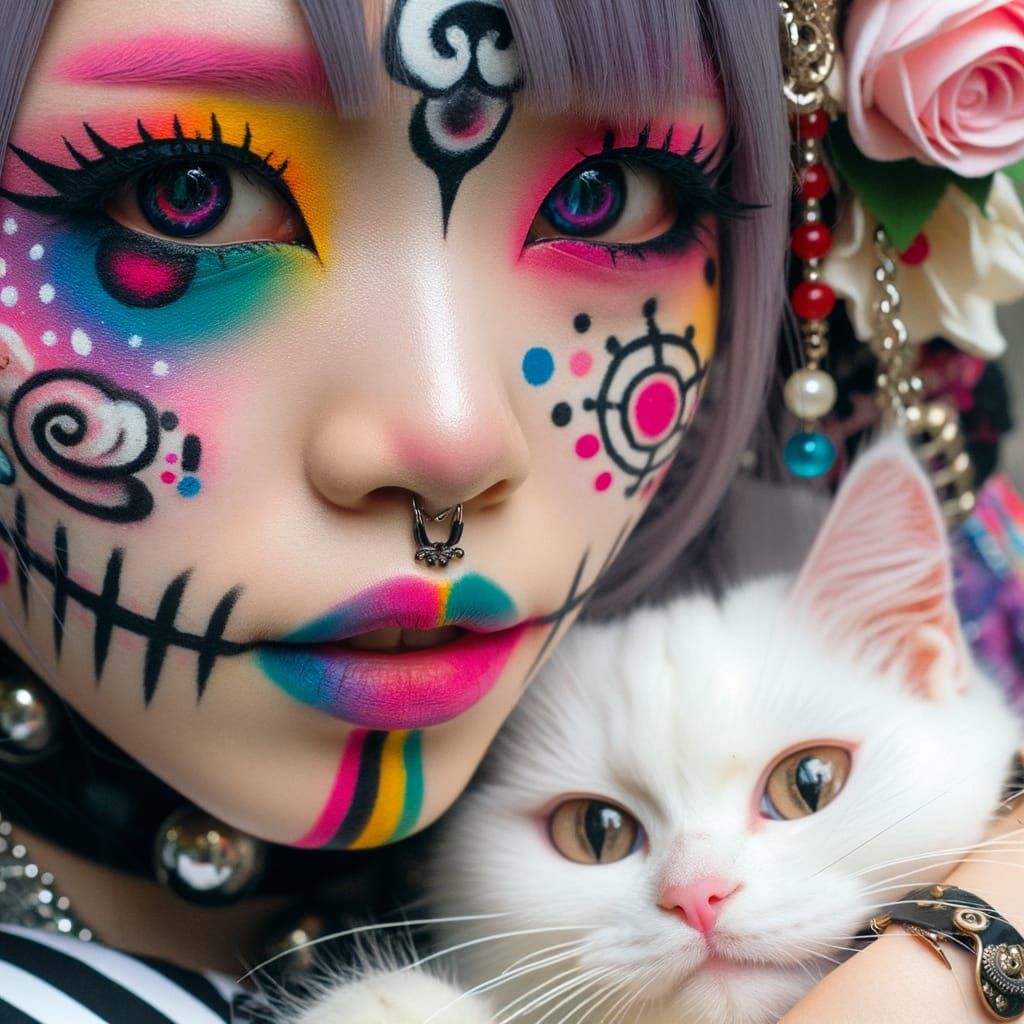Harajuku Woman with Cat: Edgy Style and Purity