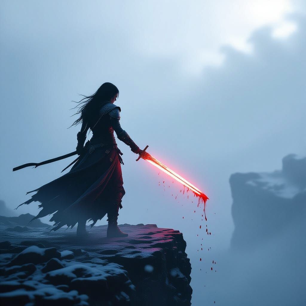 Warrior Girl on Cliff in Snowstorm with Glowing Sword