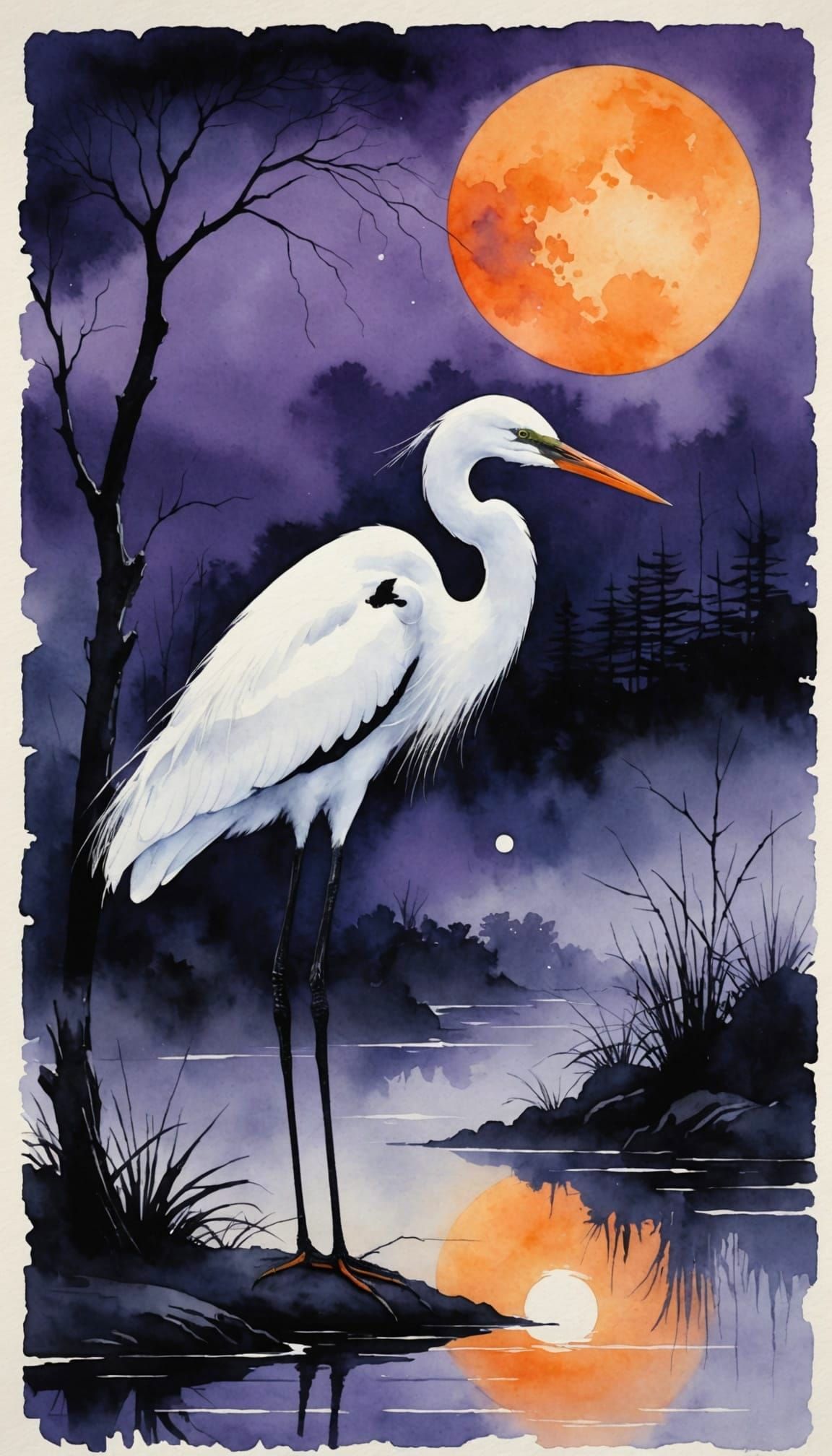 Ethereal Egret Under Orange Moon in Violet Night Sky