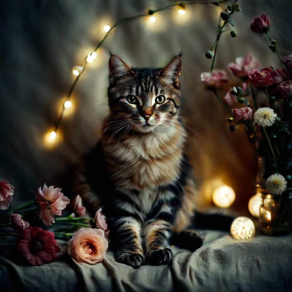 Cute Cat Surrounded by Flowers and Lights