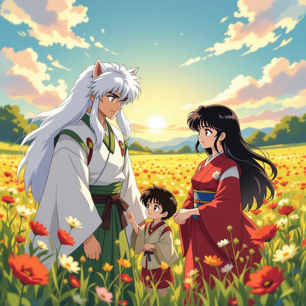 Inuyasha and Kagome Family in Flower Field Anime Style