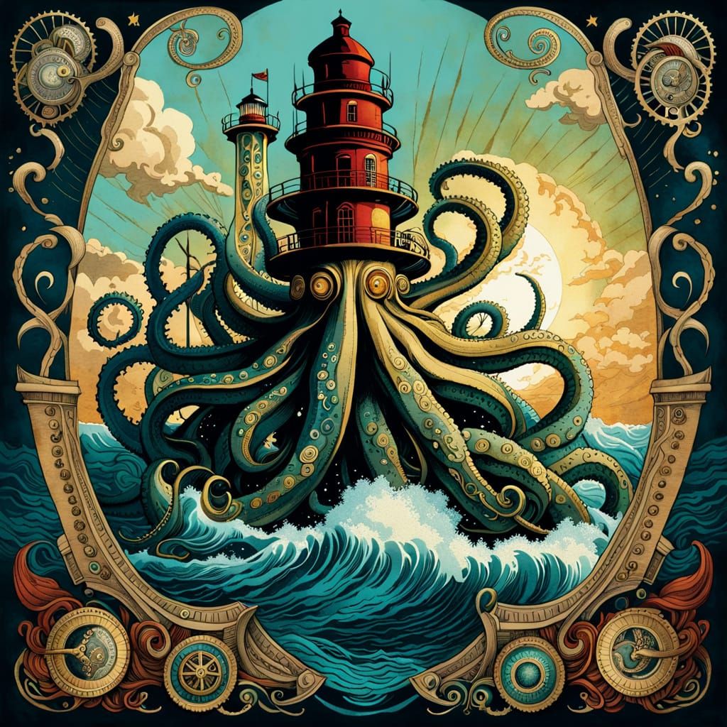 Steampunk Kraken with Lighthouse in Golden Age Illustration
