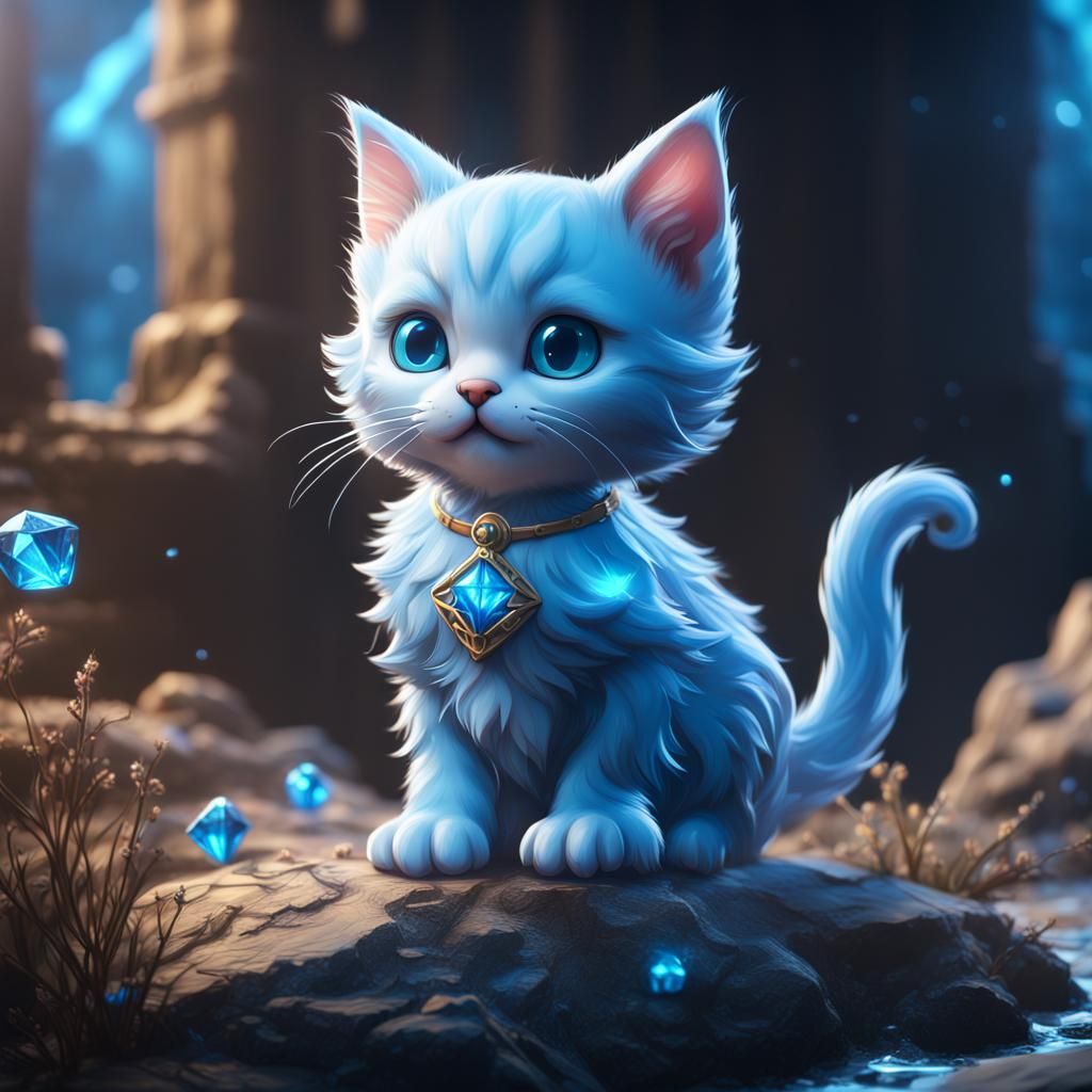 Cute Kitten in Blue Diamond: Digital Art