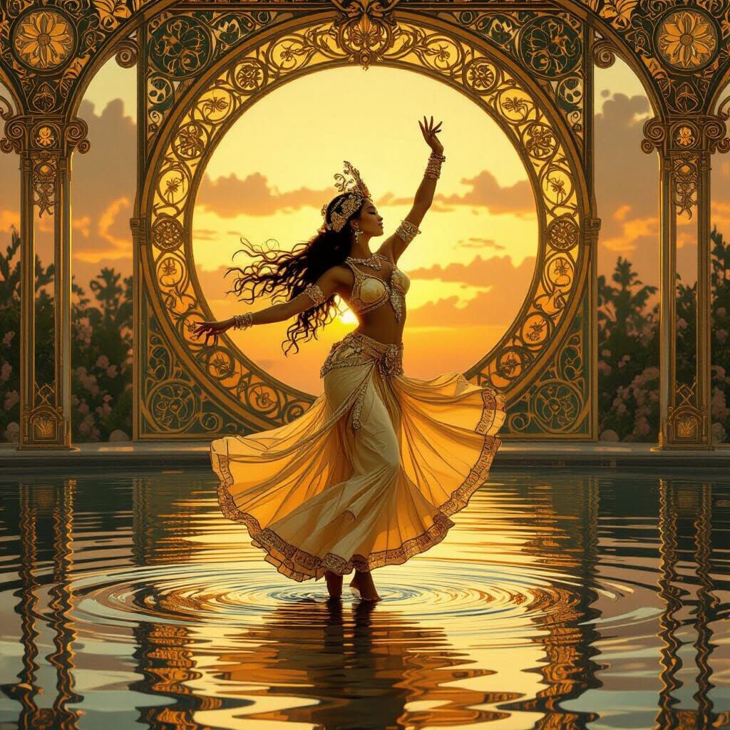 Golden Dancer on Water in Art Nouveau Style