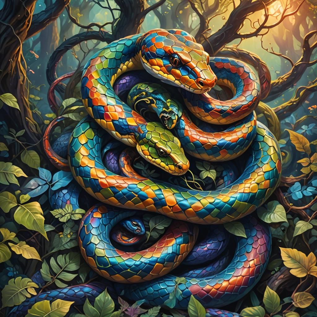 Four-Headed Snake in Mystical Forest, Art Nouveau