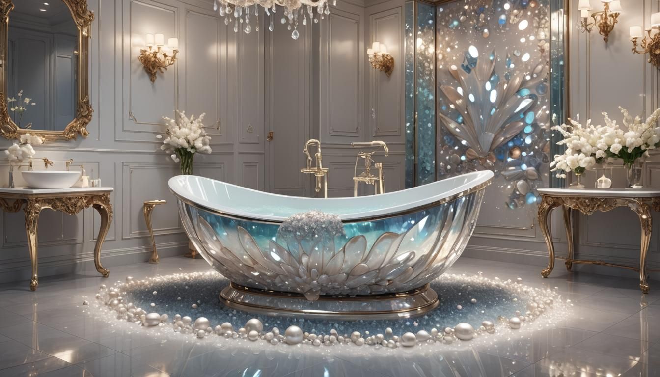Luxurious Crystal Bathroom with Shell Bathtub, 3D Anime Art